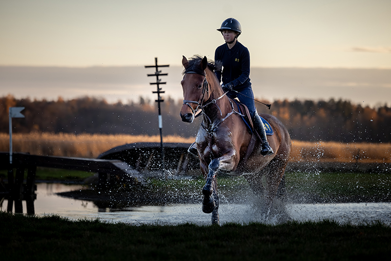 ryttare rider över vattenhinder